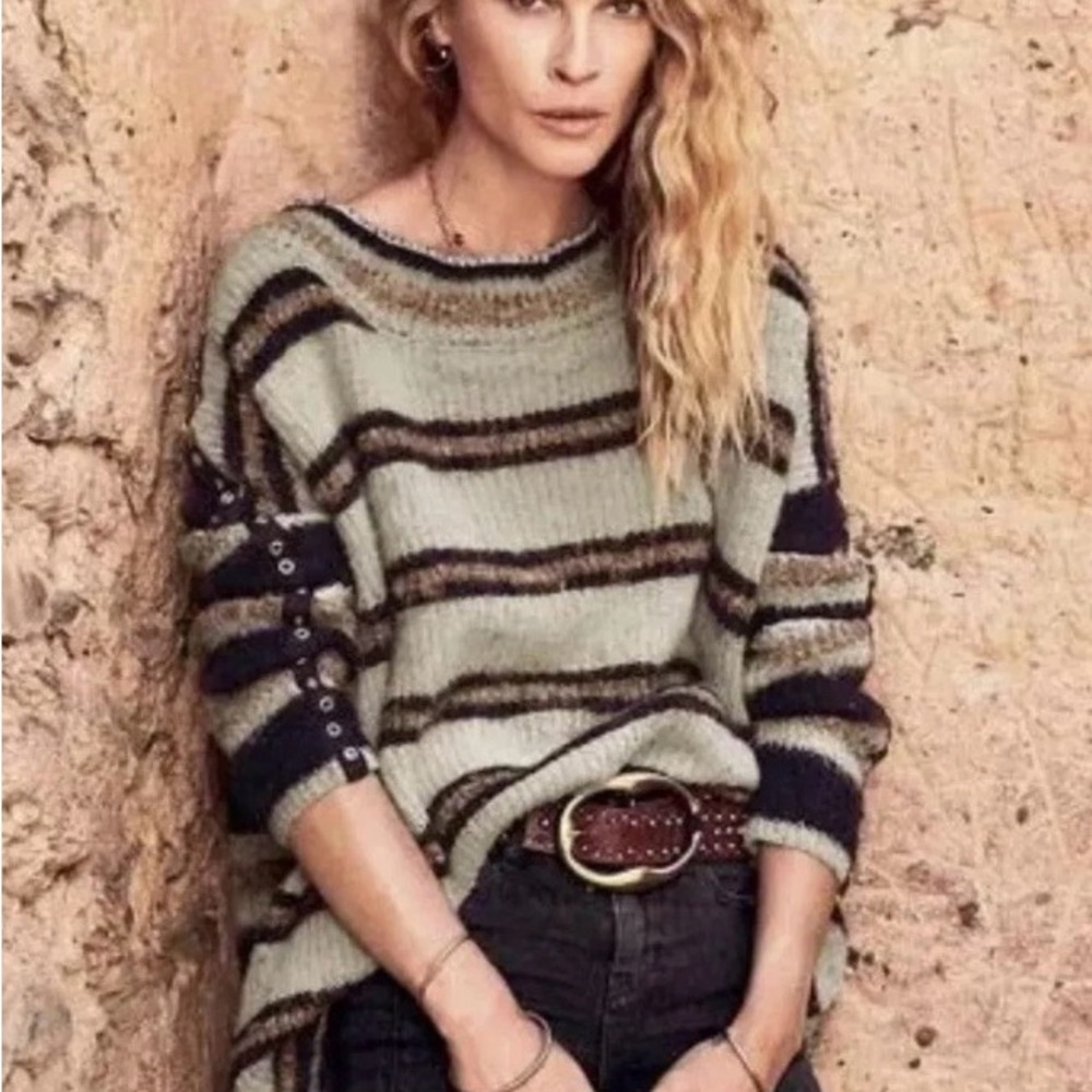 Free People Sage, Navy & Brown Striped Crewneck Sweater